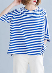 Modern side open cotton shirts Wardrobes blue striped blouses summer - SooLinen