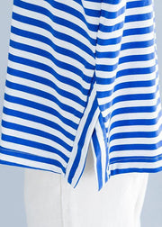 Modern side open cotton shirts Wardrobes blue striped blouses summer - SooLinen
