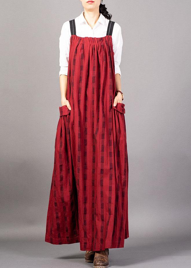 Modern sleeveless linen clothes Catwalk red patchwork Dress fall - SooLinen