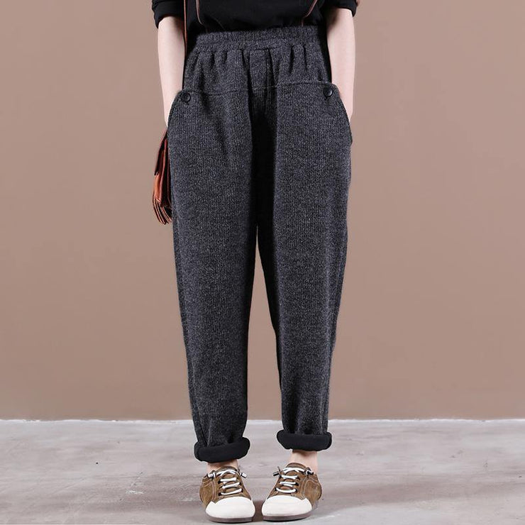 Modern spring wild pants plus size dark gray Work Outfits elastic waist pockets casual pants - SooLinen