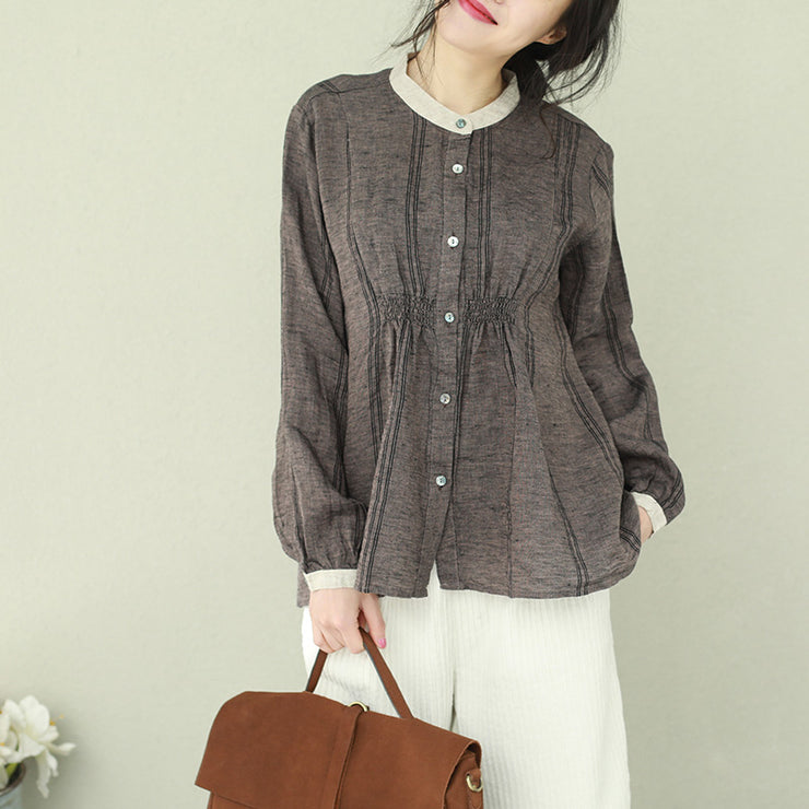 Modern stand collar linen crane tops Pakistani Sleeve brown short blouse