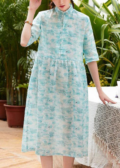 Modern stand collar patchwork linen clothes For Women Shape blue green print Dresses summer - SooLinen