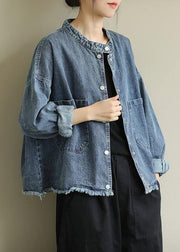 Modern stand collar pockets Plus Size Coats Women denim blue Knee jackets - SooLinen