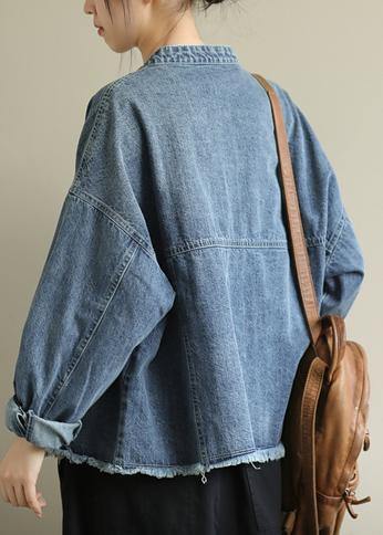 Modern stand collar pockets Plus Size Coats Women denim blue Knee jackets - SooLinen