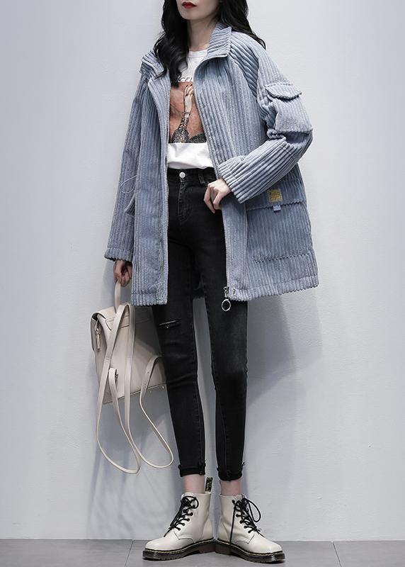 Modern stand collar zippered Plus Size clothes blue daily women coats - SooLinen