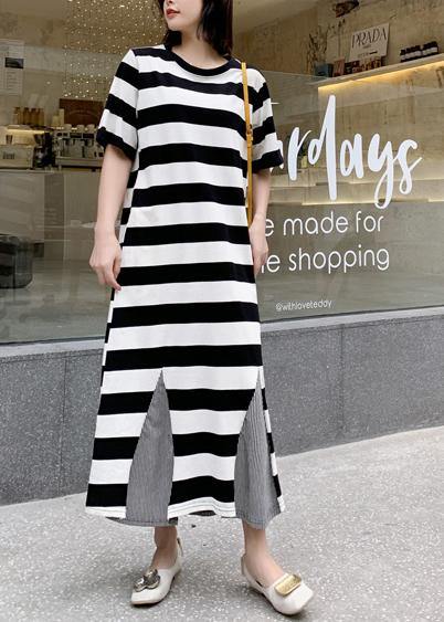 Modern striped cotton tunic pattern patchwork hem Robe summer Dresses - SooLinen