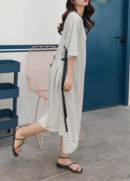 Modern striped cotton tunic pattern tie waist Robe summer Dress - SooLinen