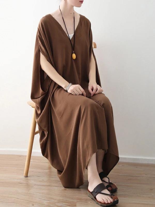Modern v neck asymmetric clothes Women Runway chocolate loose Dress summer - SooLinen