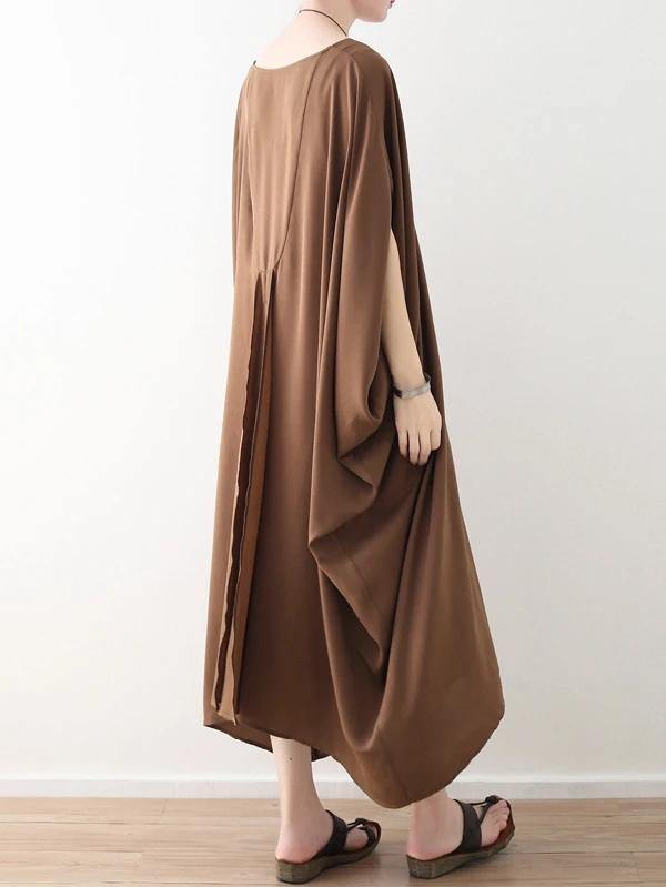 Modern v neck asymmetric clothes Women Runway chocolate loose Dress summer - SooLinen