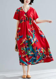 Modern v neck cotton tunic pattern Sewing red prints Kaftan Dresses summer - SooLinen