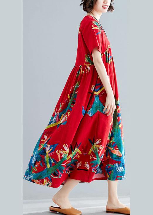 Modern v neck cotton tunic pattern Sewing red prints Kaftan Dresses summer - SooLinen