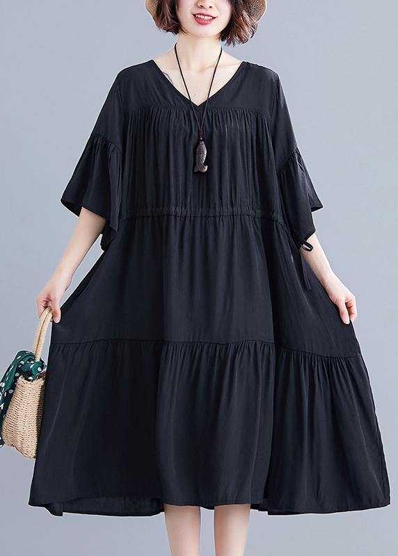 Modern v neck drawstring Cotton dresses Wardrobes black Dress summer - SooLinen