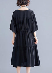 Modern v neck drawstring Cotton dresses Wardrobes black Dress summer - SooLinen