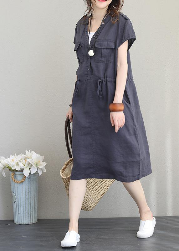 Modern v neck drawstring linen summer clothes Cotton navy Dresses - SooLinen