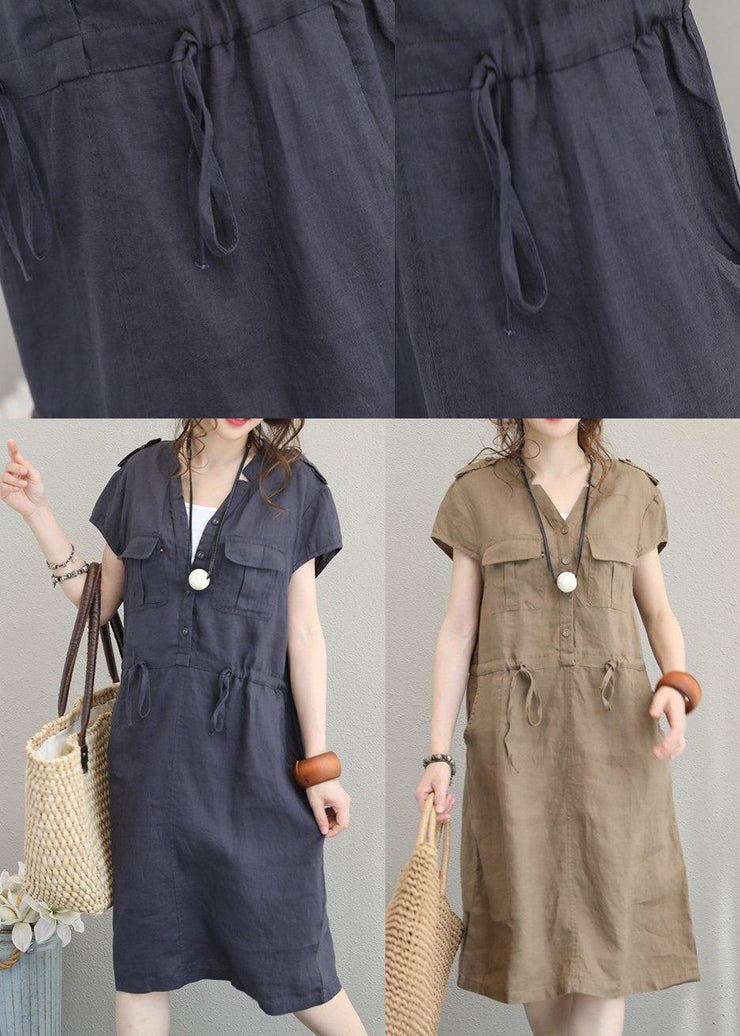 Modern v neck drawstring linen summer clothes Cotton navy Dresses - SooLinen