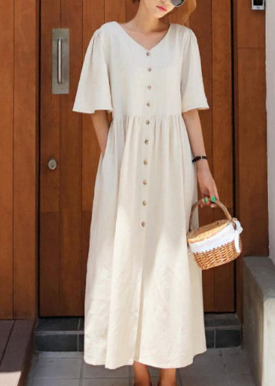 Modern v neck flare sleeve cotton linen summer dress Runway beige Dresses - SooLinen