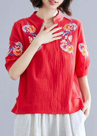 Modern v neck linen cotton crane tops red embroidery silhouette shirts summer - SooLinen