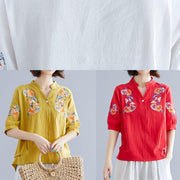 Modern v neck linen cotton crane tops red embroidery silhouette shirts summer - SooLinen
