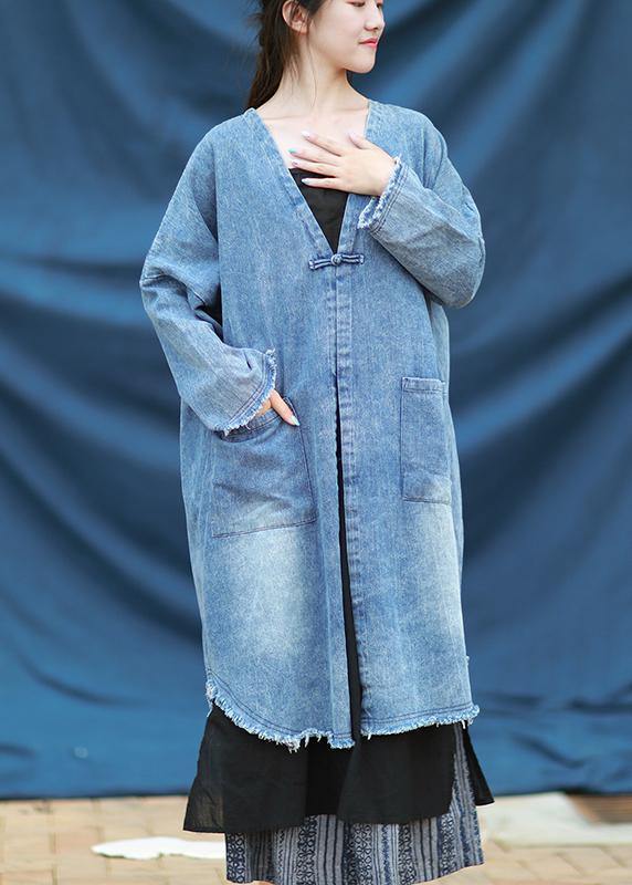 Modern v neck quilting dresses denim blue embroidery Dress - SooLinen
