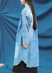 Modern v neck quilting dresses denim blue embroidery Dress - SooLinen