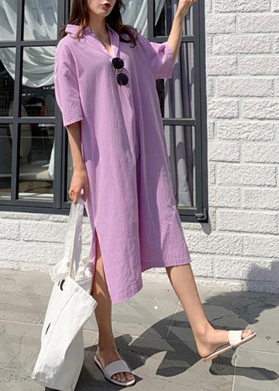 Modern v neck side open linen cotton clothes For Women Shirts purple Dress - SooLinen