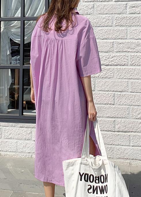 Modern v neck side open linen cotton clothes For Women Shirts purple Dress - SooLinen