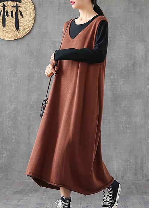 Modern v neck sleeveless quilting clothes Photography chocolate Maxi Dresses - SooLinen