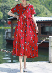 Modern v neck tie waist linen cotton clothes Work red print Dress summer - SooLinen