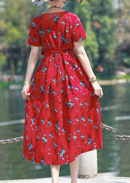 Modern v neck tie waist linen cotton clothes Work red print Dress summer - SooLinen