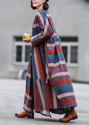 Modern v neck tie waist linen cotton dresses Shirts multicolor striped Dress spring - SooLinen