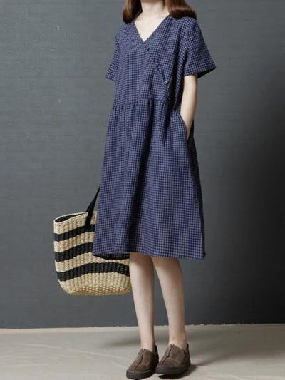 Modern v neck Cinched cotton dress Shirts navy plaid Dress - SooLinen