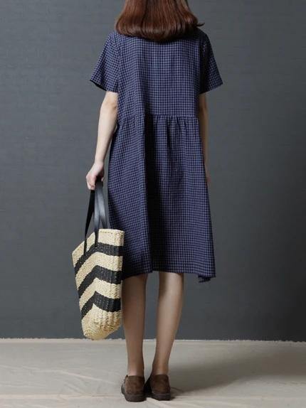 Modern v neck Cinched cotton dress Shirts navy plaid Dress - SooLinen