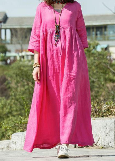 Modern v neck Cinched linen dresses Neckline rose Dress summer - SooLinen