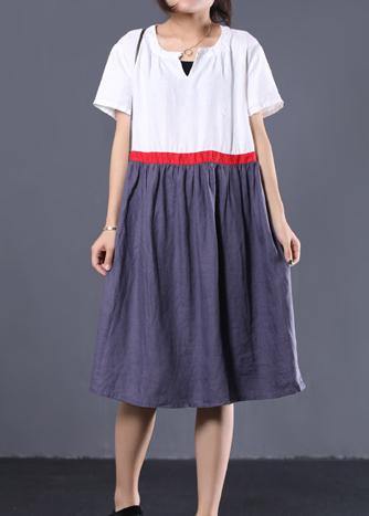 Modern white patchwork linen clothes v neck summer Dress - SooLinen