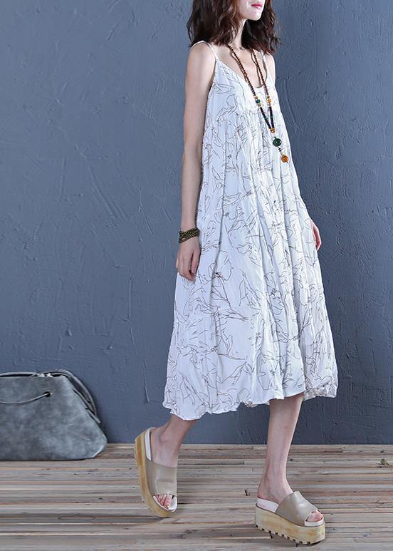 Modern white print cotton clothes For Women Spaghetti Strap Maxi  Dress - SooLinen