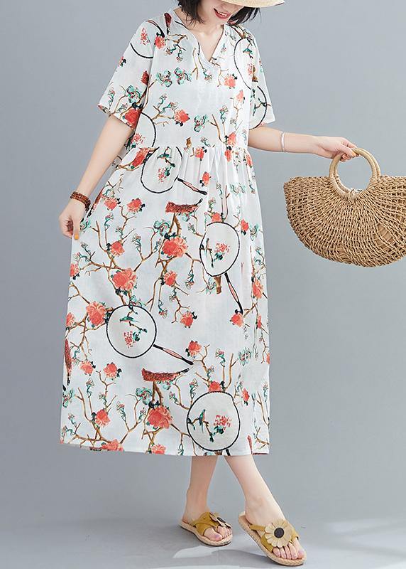 Modern white print tunics for women v neck short sleeve Art summer Dresses - SooLinen