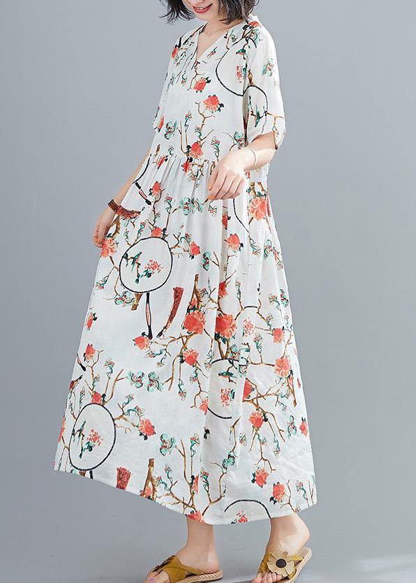 Modern white print tunics for women v neck short sleeve Art summer Dresses - SooLinen