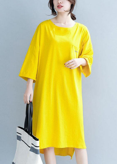 Modern yellow Cotton clothes For Women o neck half sleeve tunic Dress - SooLinen