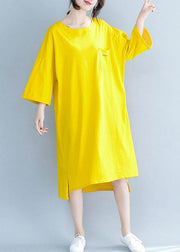 Modern yellow Cotton clothes For Women o neck half sleeve tunic Dress - SooLinen