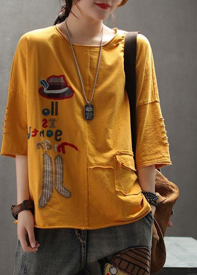 Modern yellow cotton clothes For Women Organic Embroidery Letter Summer Drop Shoulder Sleeve T-Shirt - SooLinen