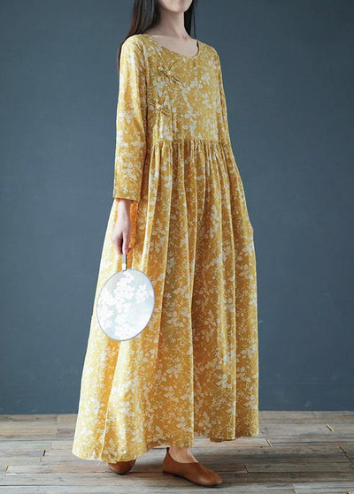 Modern yellow print dresses o neck Chinese Button robes fall Dress - SooLinen