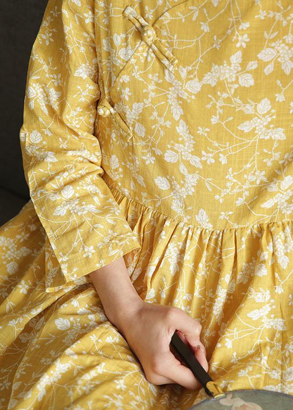 Modern yellow print dresses o neck Chinese Button robes fall Dress - SooLinen