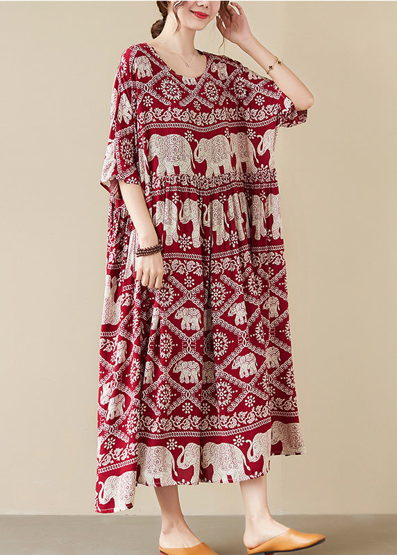 Mulberry Elephant Print Chiffon Langes Kleid mit halben Ärmeln