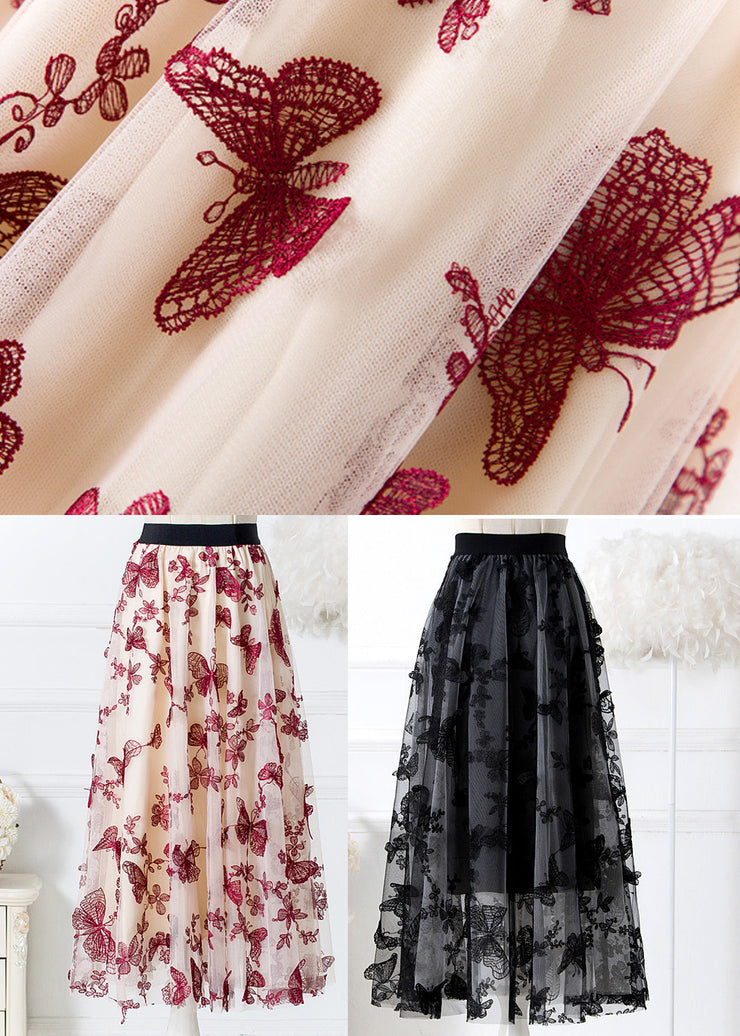 Mulberry Embroidered High Waist Tulle Pleated Skirt Spring