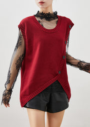 Mulberry Patchwork Button Knit Vests Asymmetrical Fall
