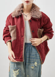 Mulberry Patchwork Cotton Coats Fur Collar Fall