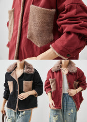 Mulberry Patchwork Cotton Coats Fur Collar Fall