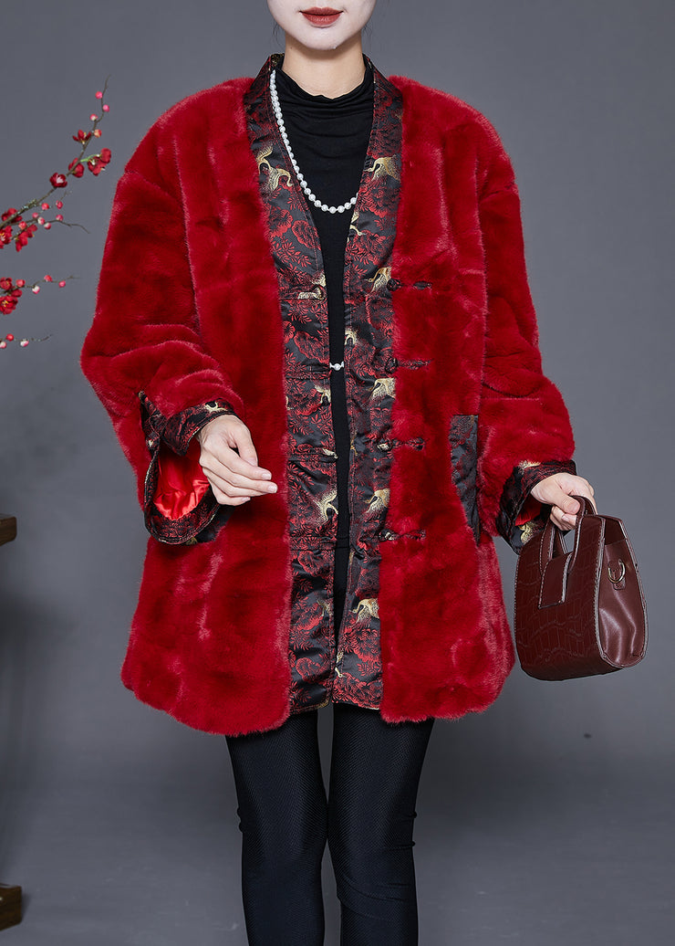Mulberry Patchwork Faux Fur Coat Chinese Button Winter
