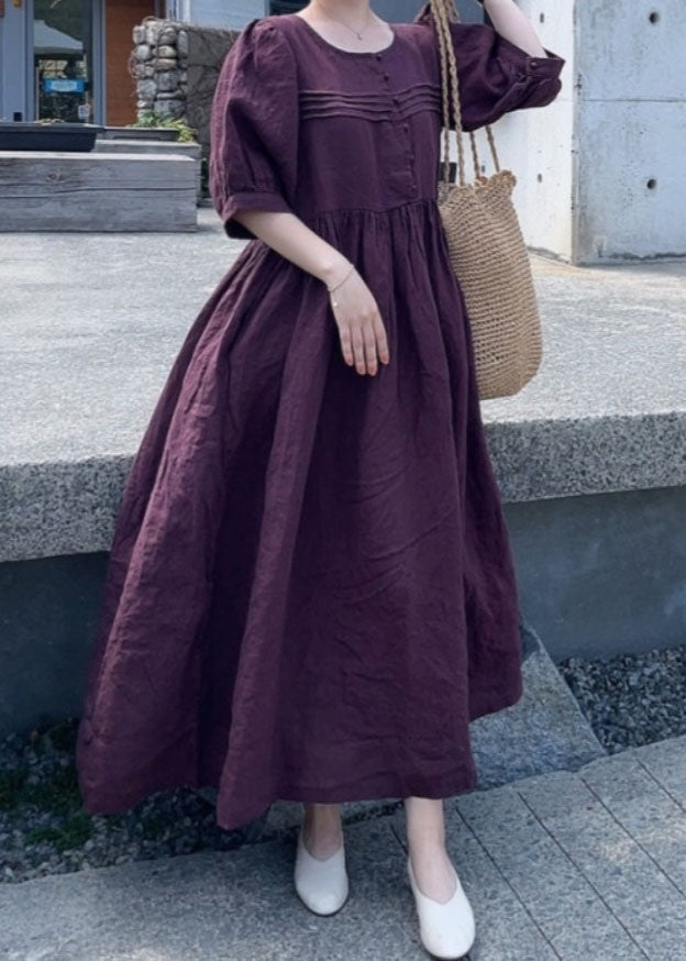Mulberry Patchwork Linen Dress O Neck Wrinkled Short Sleeve