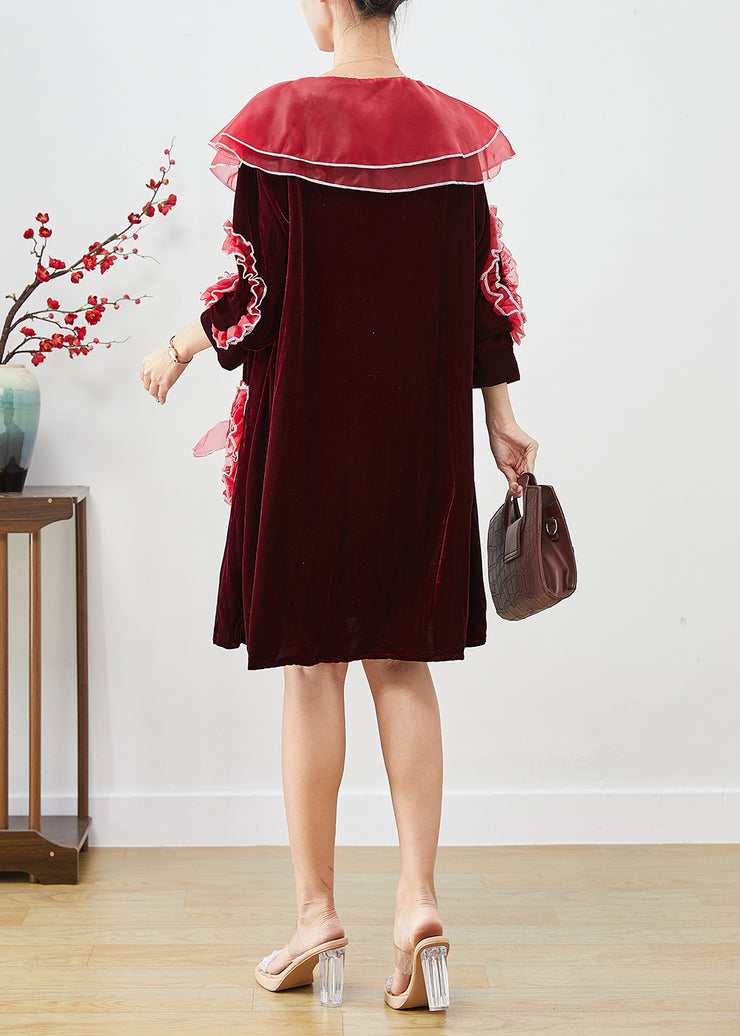 Mulberry Patchwork Silk Velour Mid Dress Pockets Bracelet Sleeve